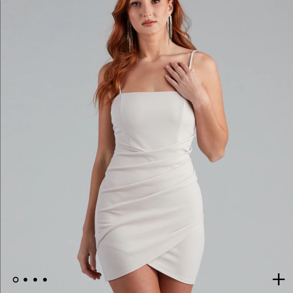 Flirty Flair Off White Crepe Faux Wrap Dress